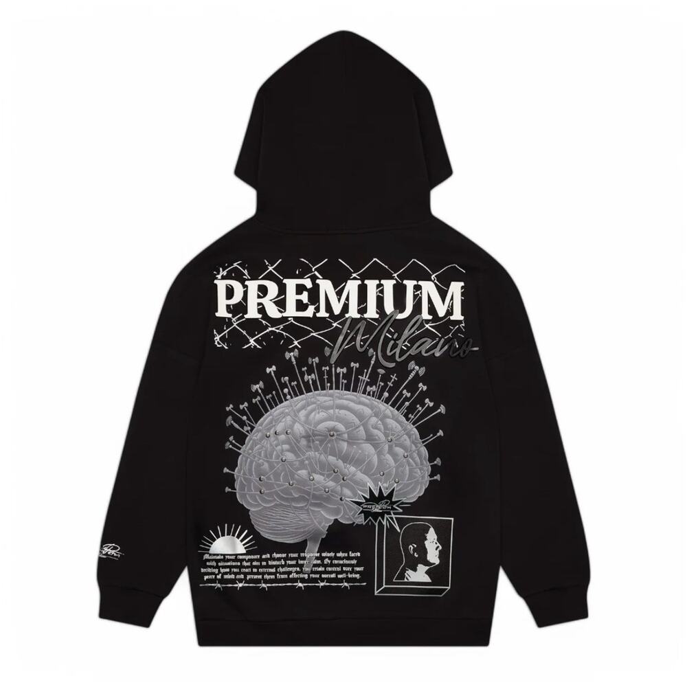 Premium Milano Brain Graphic Hoodie Mens Large Black Heavyweight Streetwear Y2K